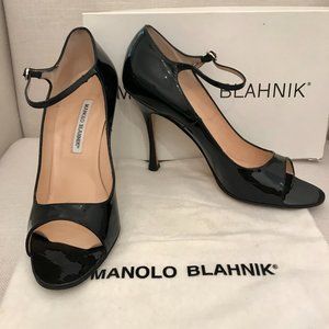 Manolo Blahnik Black Patent Leather Peep-Toe Heels